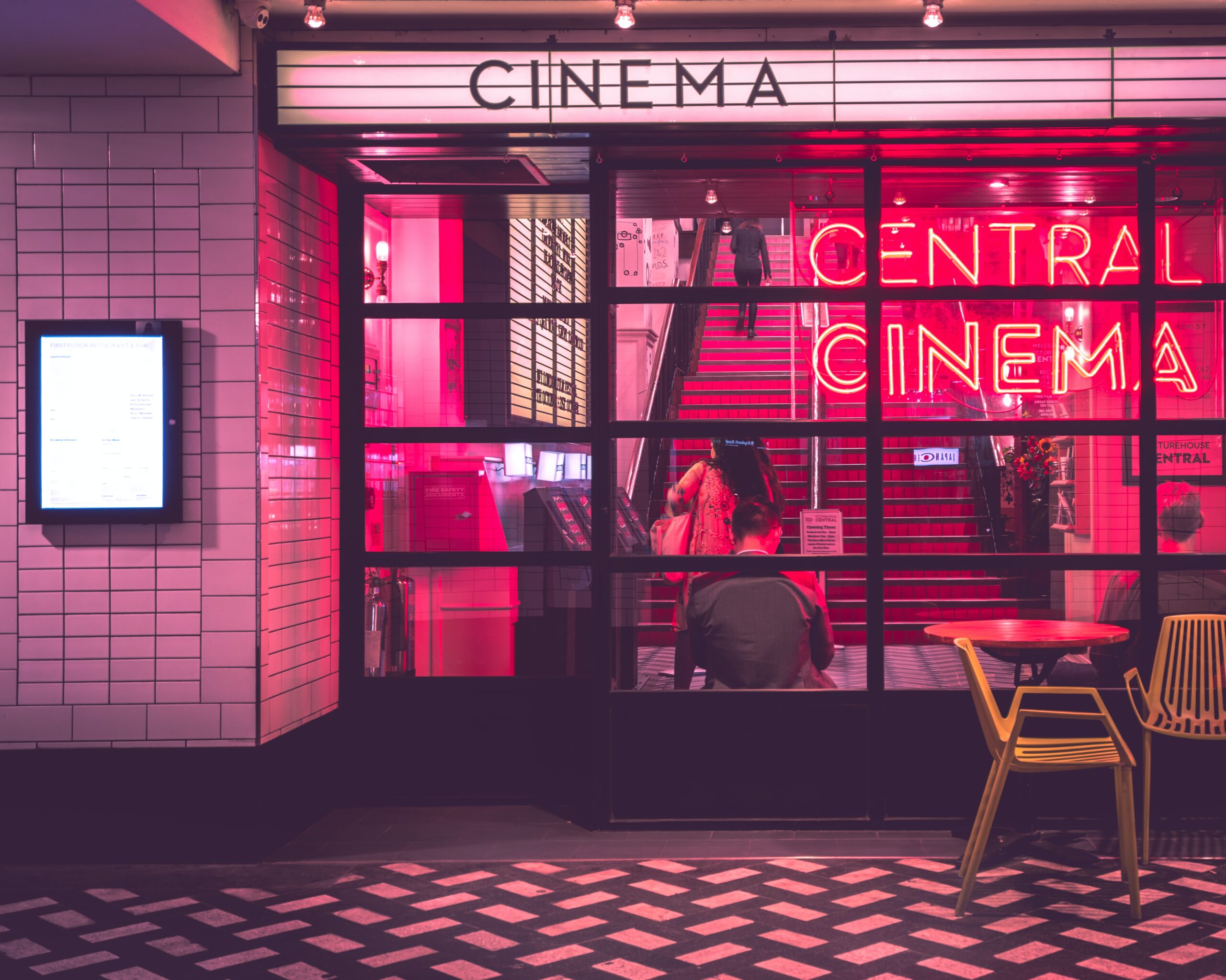 Valentine's Day movie night at pink neon movie theater