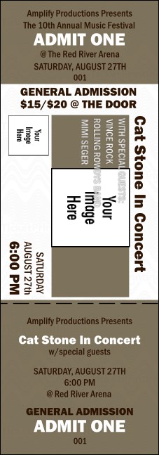 Example of a custom printed concert ticket template used for The Basement Door’s farewell show, featuring event details and placeholder images