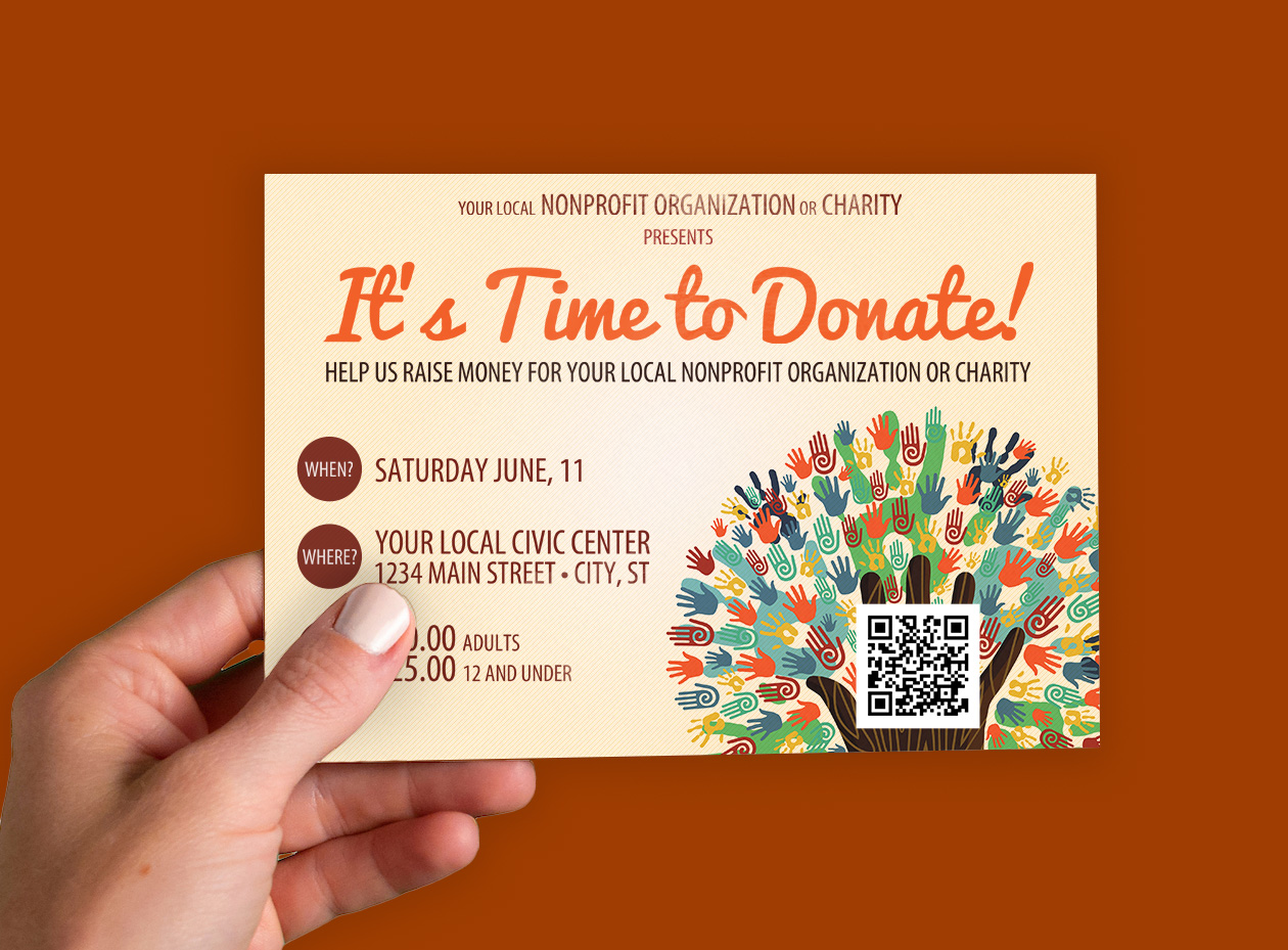 Direct mail for charities Hand holding charity fundraising postcard with colourful handprint tree design and QR code for donation event